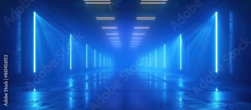 Blue neon sci-fi lights in an empty room with concrete floor and walls.