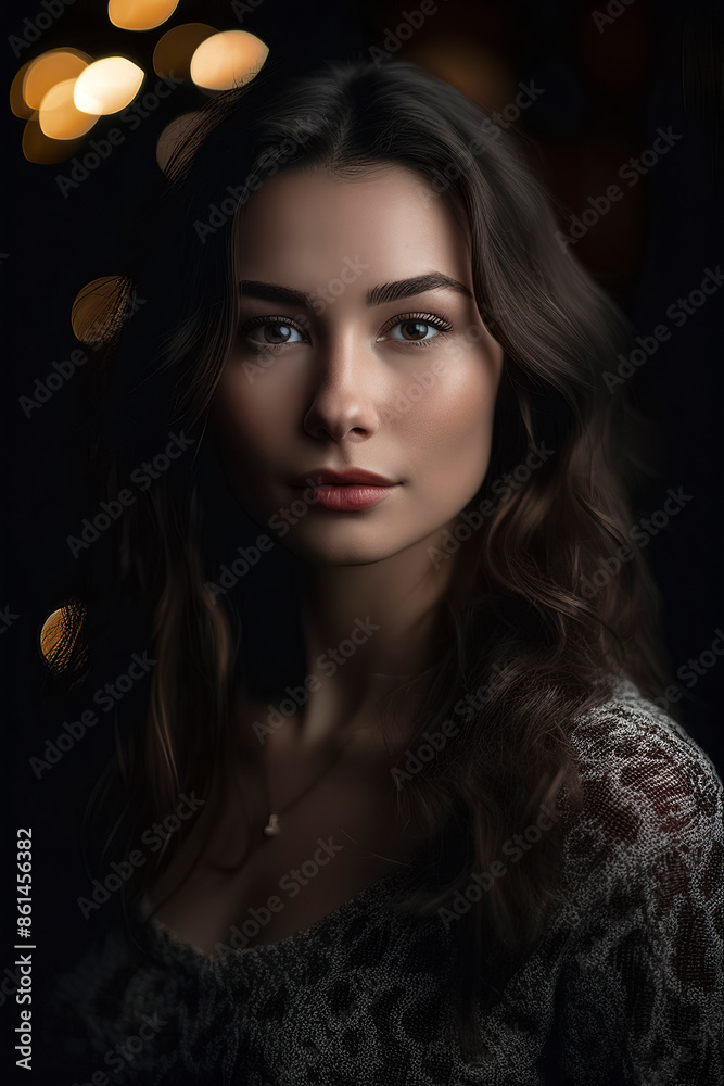 Portrait of a young woman with long wavy hair and a neutral expression, wearing a patterned top and a small necklace. Studio portrait photography with dark background and bokeh lights Portrait of a young woman with long wavy hair and a neutral expression, wearing a patterned top and a small necklace. Studio portrait photography with dark background and bokeh lights