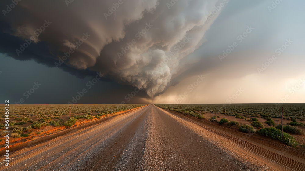 Fototapeta premium Massive supercell storm cloud is gathering and rolling over an empty desert road