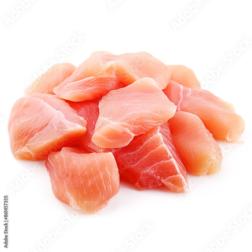 Raw salmon fillet chunks isolated on white 