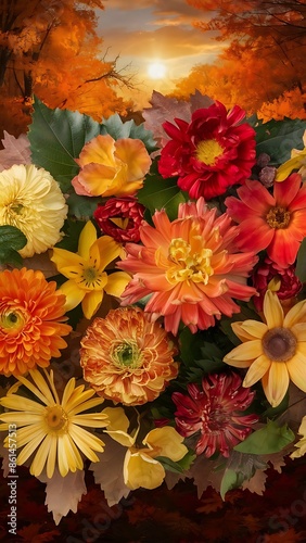 Beautiful bouquet of autumn flowers top view floral background