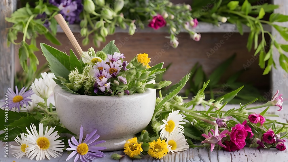 Medical flowers herbs in mortar clover milfoil tansy rosebay Medical flowers herbs in mortar clover milfoil tansy rosebay