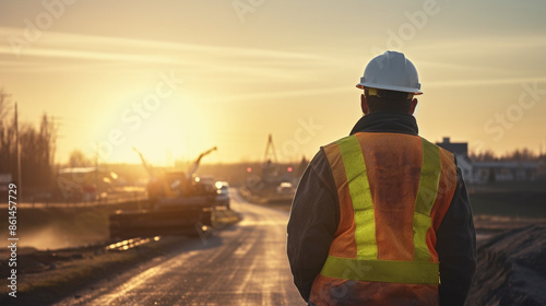 Construction worker in high visibility vest and helmet on a road construction site at sunrise, surveying the project progress.