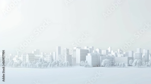 A 3D rendering of a city made of white buildings and trees.