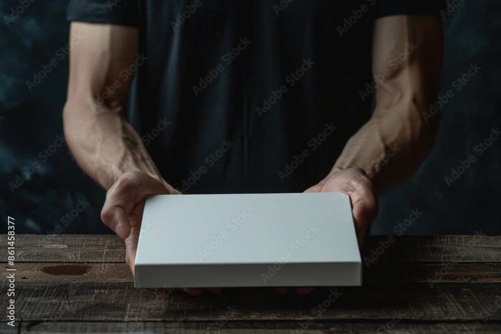 A man's hands holding a white blank packaging box for product presentation on a dark background. A man's hands holding a white blank packaging box for product presentation on a dark background.