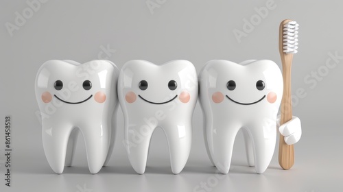 Three happy, smiling teeth stand in a row. A wooden toothbrush stands next to them, its bristles splayed out like a hand holding it up. The toothbrush is smiling too. photo