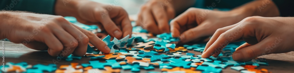 Fototapeta premium Group collaboration assembling puzzle pieces on table, teamwork and challenge concept.