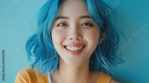 Beautiful korean woman smilling white teeth, 25 year old, blue hair and isolated background, trendy costume