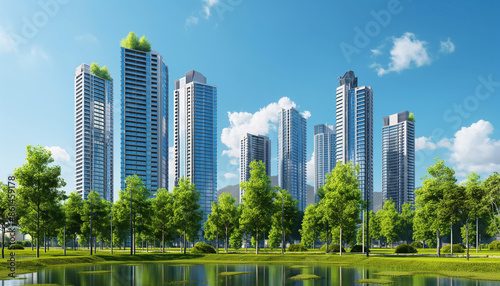 A group of modern high-rise buildings surrounded by greenery, reflecting sustainable urban living and innovative architectural design in a harmonious setting