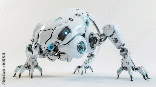 a 3D rendering of a futuristic robot. It has a white body with blue lights and four legs. It looks like it could be used for military purposes or as a guard.