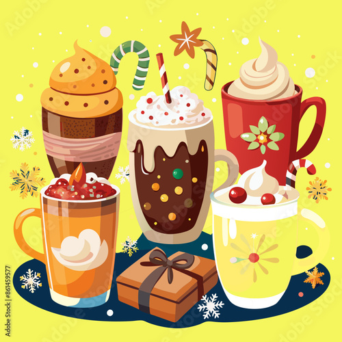 Hot chocolate, cocoa with marshmallows and whipped cream. Mulled wine in winters mug, christmas coffee drink or hot tea beverage