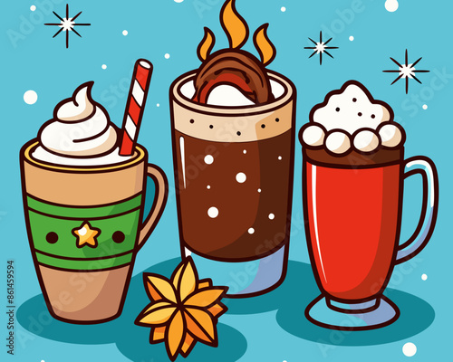Warming winter drinks. Hot chocolate, cocoa with marshmallows and whipped cream. Mulled wine in winters mug, christmas coffee drink or hot tea beverage
