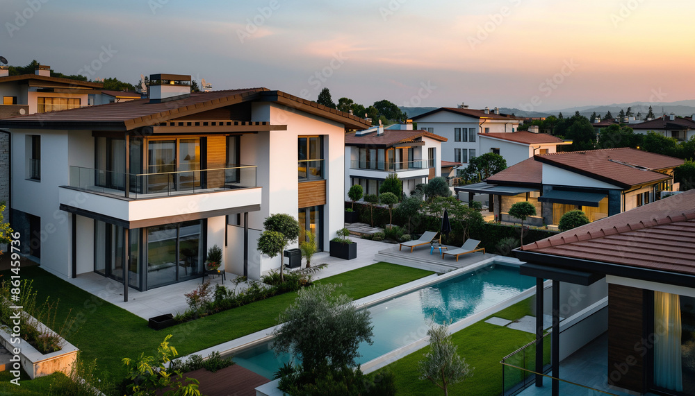 Fototapeta premium A luxurious modern house with a pool and garden, epitomizing upscale living and elegant design, ideal for showcasing high-end real estate