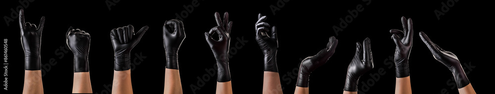 Hands in black gloves showing different gestures, pointing and showing signs Hands in black gloves showing different gestures, pointing and showing signs