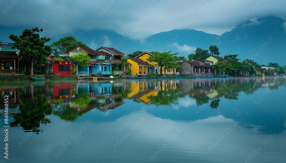 A row of colorful houses reflecting perfectly in the calm water, creating a picturesque and serene landscape, ideal for capturing the beauty of a tranquil village A row of colorful houses reflecting perfectly in the calm water, creating a picturesque and serene landscape, ideal for capturing the beauty of a tranquil village