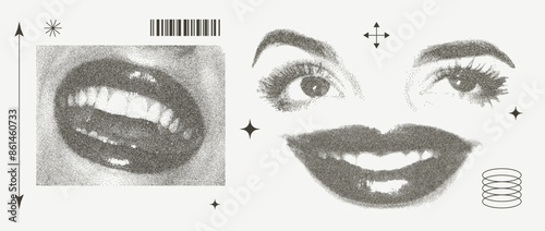 Grunge grain eyes and mouths with retro photocopy effect Y2K. Pop art design. Vector illustration for T-shirt prints, collage designs, banner, posters.