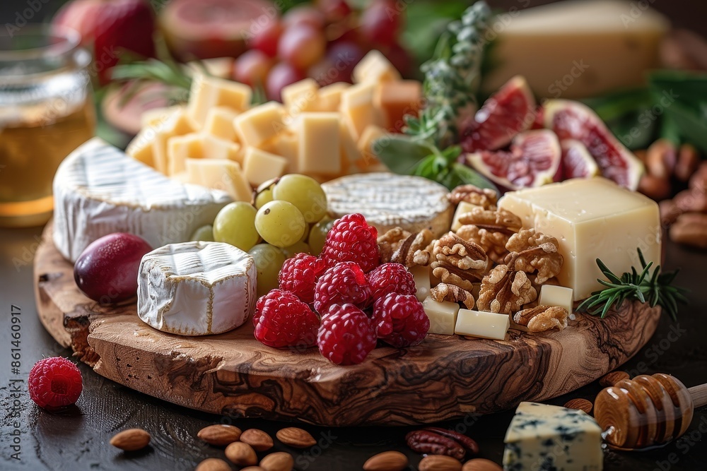 A gourmet cheese board featuring an assortment of aged cheeses, fresh fruits, nuts, and honeycomb, all displayed on a wooden board. A gourmet cheese board featuring an assortment of aged cheeses, fresh fruits, nuts, and honeycomb, all displayed on a wooden board.