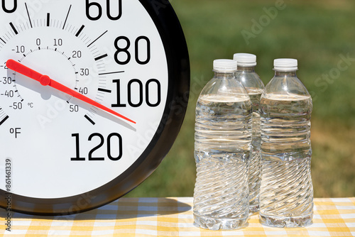 Картината върху платно Outdoor thermometer with water bottles in the sun during heatwave