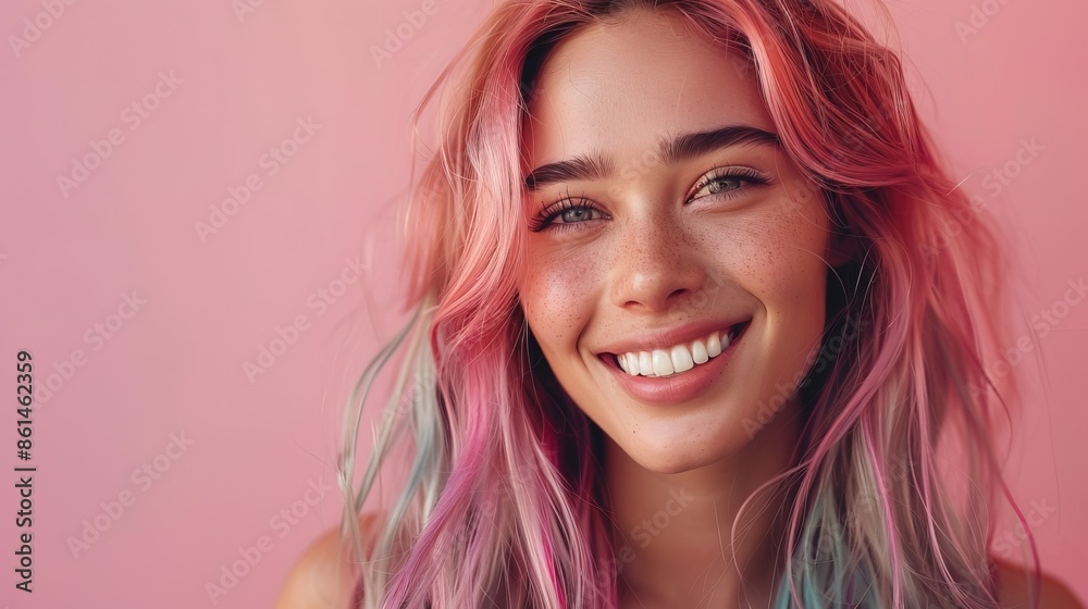 Fototapeta premium Beautiful korean woman smilling white teeth, 25 year old, rainbow hair and isolated background, trendy costume