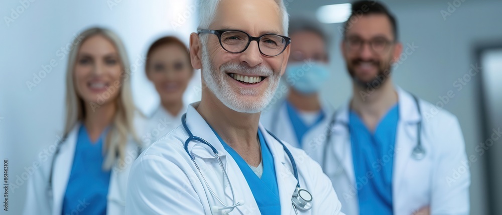 A team of smiling doctors in a hospital setting, showcasing professionalism and teamwork in healthcare. Ideal for medical and wellness concepts. A team of smiling doctors in a hospital setting, showcasing professionalism and teamwork in healthcare. Ideal for medical and wellness concepts.