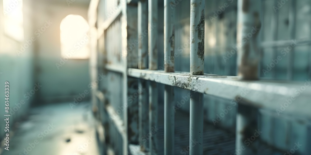 Abandoned destroyed prison cell with rusty bars and crumbling bunk evokes horror. Concept Horror, Abandoned, Prison, Rusty Bars, Crumbling Bunk Abandoned destroyed prison cell with rusty bars and crumbling bunk evokes horror. Concept Horror, Abandoned, Prison, Rusty Bars, Crumbling Bunk