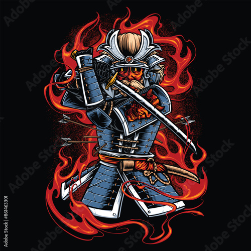 demon samurai on fire illustration