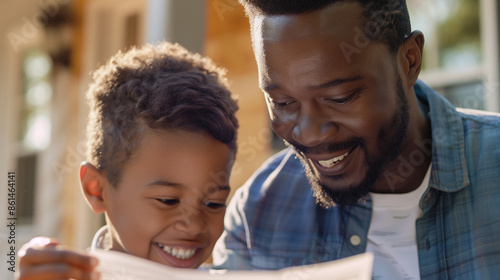 Father and Son Looking At A Paper Together Outdoors