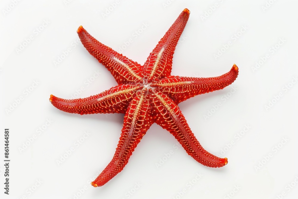 Red starfish with intricate texture and detail, isolated on a clean white background