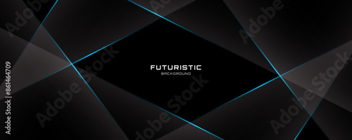 3D black techno abstract background overlap layer on dark space with blue light lines effect decoration. Graphic design element with polygonal cutout style concept for flyer, card, or brochure cover photo