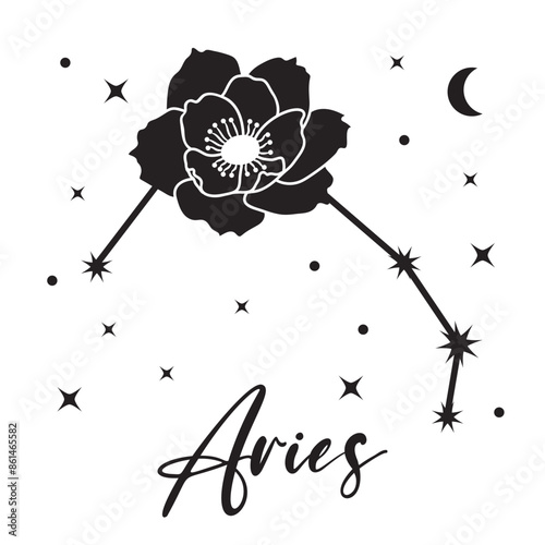 Vector illustration of zodiac sign aries with flower, crescent moon and stars