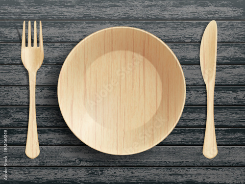 Wooden or bamboo disposable empty plate fork, table knife. On a wooden table. Stock vector illustration