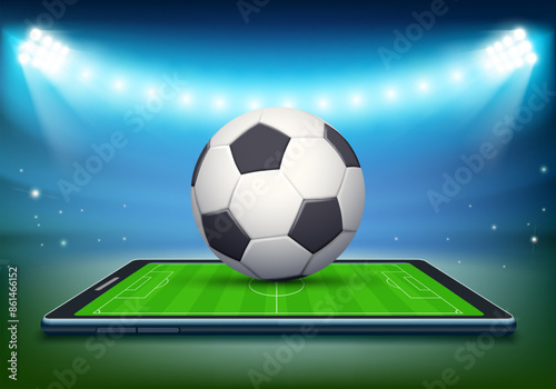 Smartphone with a football field and ball on the screen. Illuminated by soccer stadium floodlights. Stock vector illustration