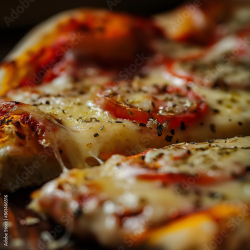 Pizzastück saftig und mit viel Käse überbacken photo