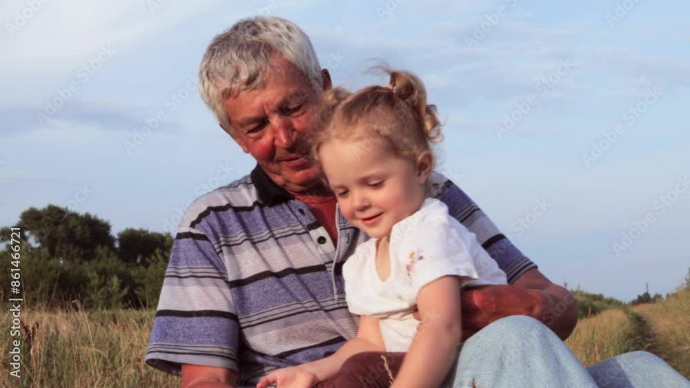 Silver-haired old man relishes the joyful moments with his little curly-haired granddaughter enjoying nature on the vast serene countryside sitting on ground talking and playing Silver-haired old man relishes the joyful moments with his little curly-haired granddaughter enjoying nature on the vast serene countryside sitting on ground talking and playing
