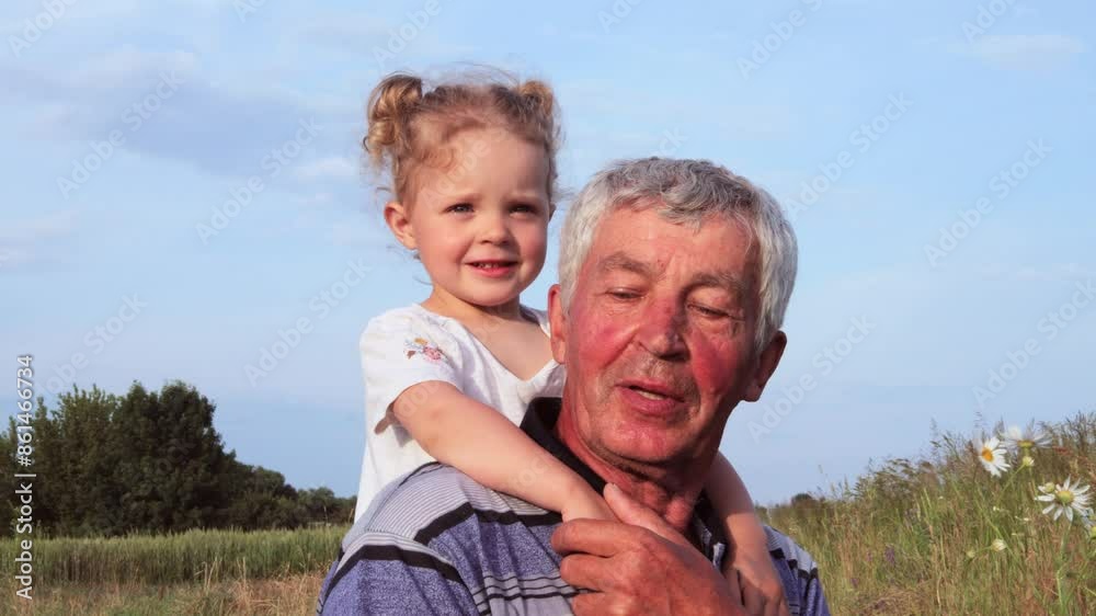 Joyful mature man with white hair spending time with his carefree happy granddaughter outdoors on the beautiful sunlit field during the summer granddad holding toddler kid on his shoulders Joyful mature man with white hair spending time with his carefree happy granddaughter outdoors on the beautiful sunlit field during the summer granddad holding toddler kid on his shoulders