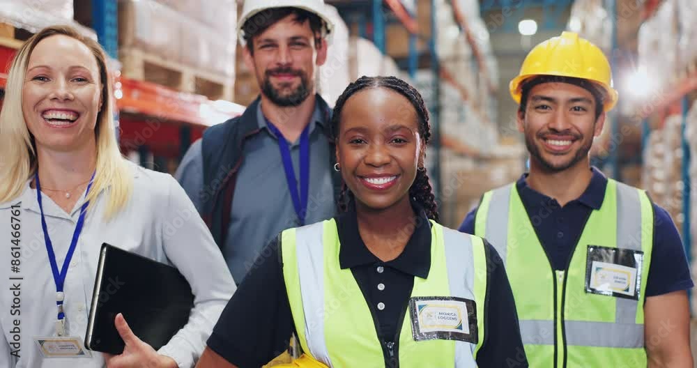 Warehouse, logistics and employees in portrait for teamwork, stock management and delivery service. Factory, manufacturing and supplier team with smile, pride and solidarity for collaboration Warehouse, logistics and employees in portrait for teamwork, stock management and delivery service. Factory, manufacturing and supplier team with smile, pride and solidarity for collaboration
