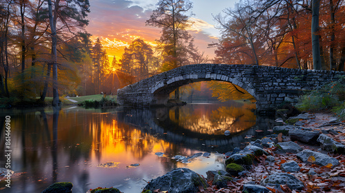 Fantastic Autumn Landscape. Amazing sunset With colorful sky in Azalea and Rhododendron Park Kromlau .Rakotz Bridge, Rakotzbrucke Devil's Bridge in Kromlau, Saxony, Germany photo