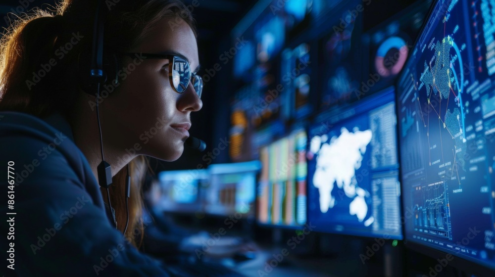 An image displaying a person using multiple monitors in a technology-centric environment with data analytics and world map visualizations. An image displaying a person using multiple monitors in a technology-centric environment with data analytics and world map visualizations.
