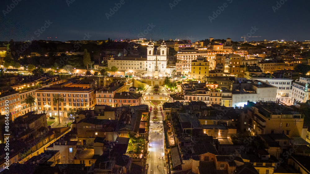 Fototapeta premium Amazing Aerial View Above the Spanish Steps in Rome, Italy at Night