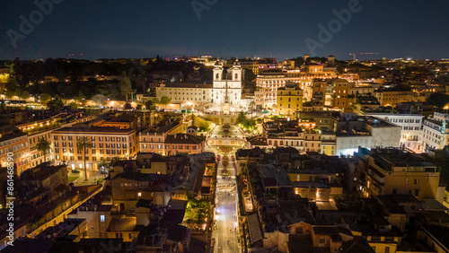 Photography Amazing Aerial View Above the Spanish Steps in Rome, Italy at Night