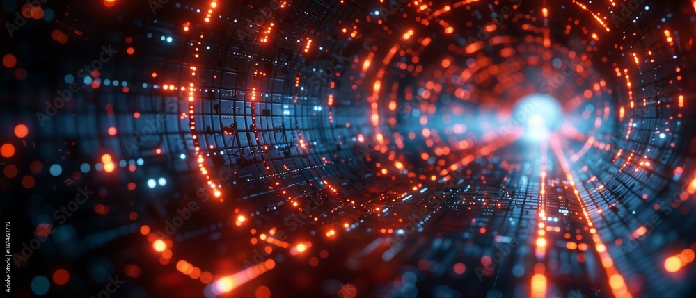 Binary code tunnel with glowing red particles, data network hacking Binary code tunnel with glowing red particles, data network hacking
