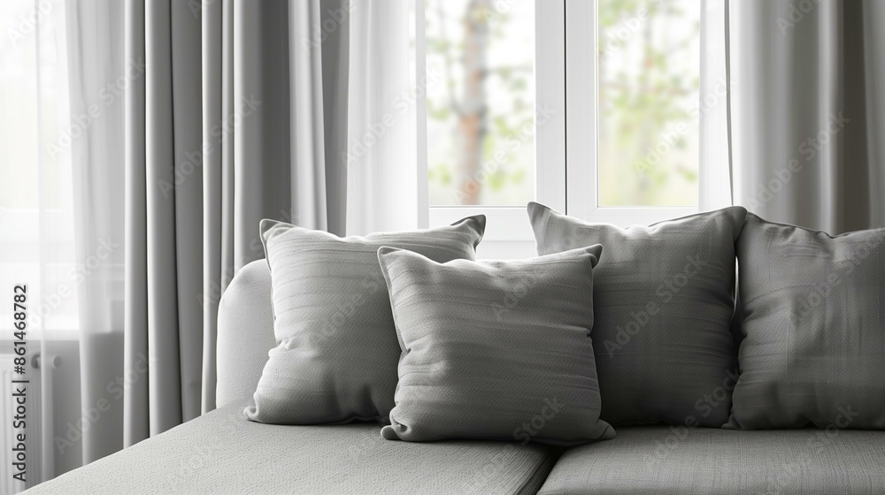 Coziness comfort with sofa grey pillows near window, architecture relax design Coziness comfort with sofa grey pillows near window, architecture relax design