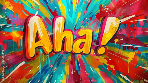 Aha! text moment depicted vibrant colorful background, realization insight discovery