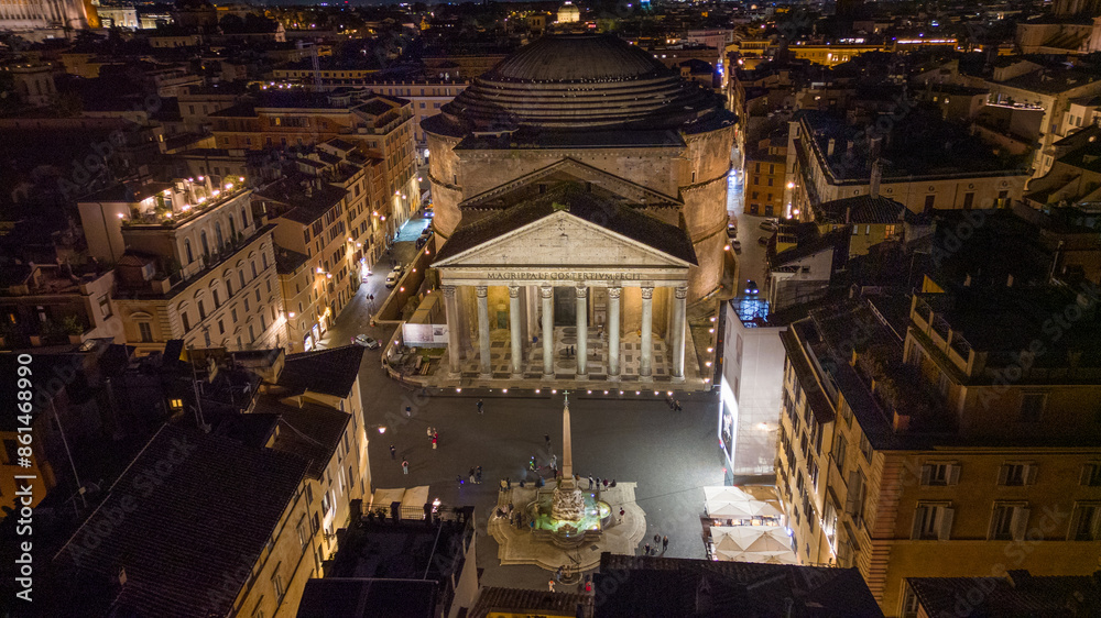 Birds Eye View Above Piazza della Rotonda, Temple of Pantheon in Historic Rome, Italy. Night