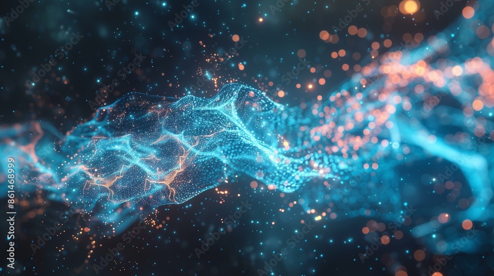 Glowing blue orange particles form abstract wave against dark background, network future bright Glowing blue orange particles form abstract wave against dark background, network future bright