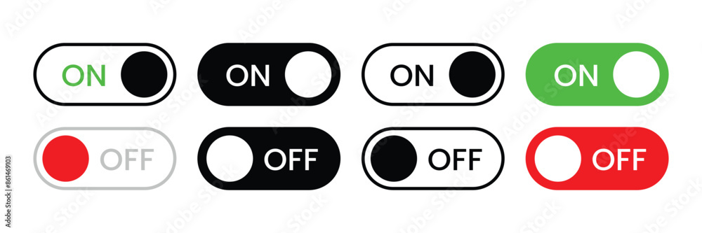 Set of power On and Off switch icon collection. Toggle switch symbol. Vector Illustration.