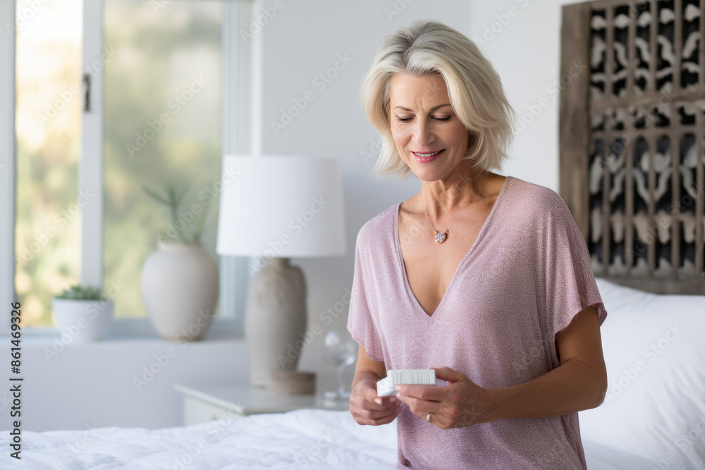 mature woman taking medicine pills at home, health issues medication, Generative AI mature woman taking medicine pills at home, health issues medication, Generative AI