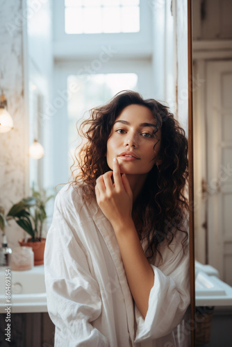 Obraz na płótnie young woman applying moisturizer on face looking in mirror, Generative AI w salonie