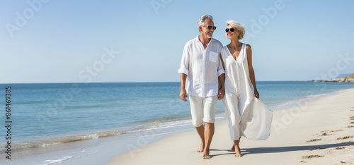 Obraz na płótnie happy mature caucasian couple walking together enjoying summer vacation, holiday at beach. Generative AI w salonie