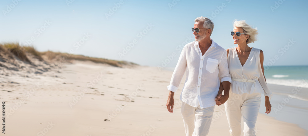 happy mature caucasian couple walking together enjoying summer vacation, holiday at beach. Generative AI